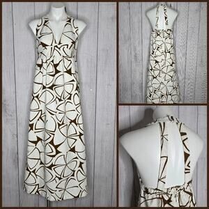 VTG Handmade Brown/White Abstract Floral Open Back Maxi Halter Dress, sz Small